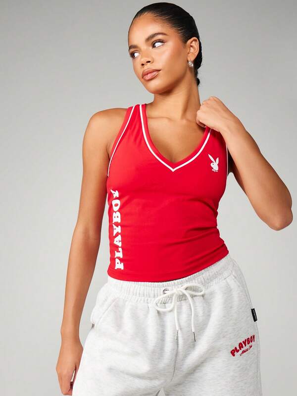 Missguided x Playboy V Neck Racerback Tank With White Piping