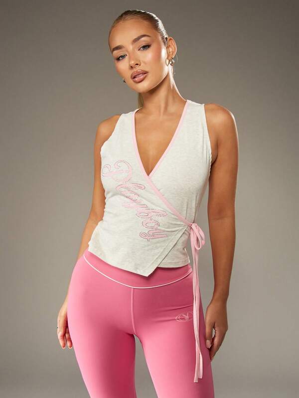 Missguided x Playboy V-Neck Wrap Tank With Rhinestone Text