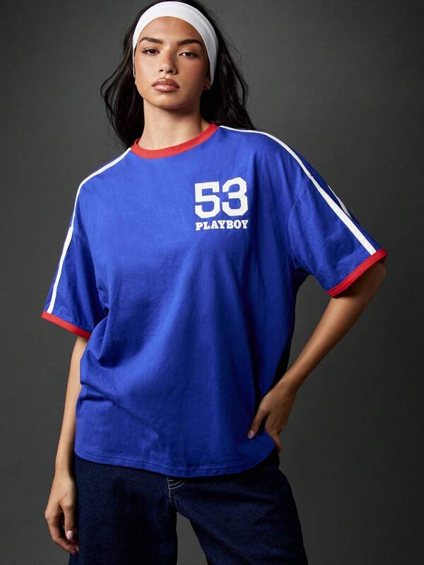Missguided X Playboy Varsity Athletic Union Jack Flag London Collection Short Sleeve Relaxed Fit Women T-Shirt
