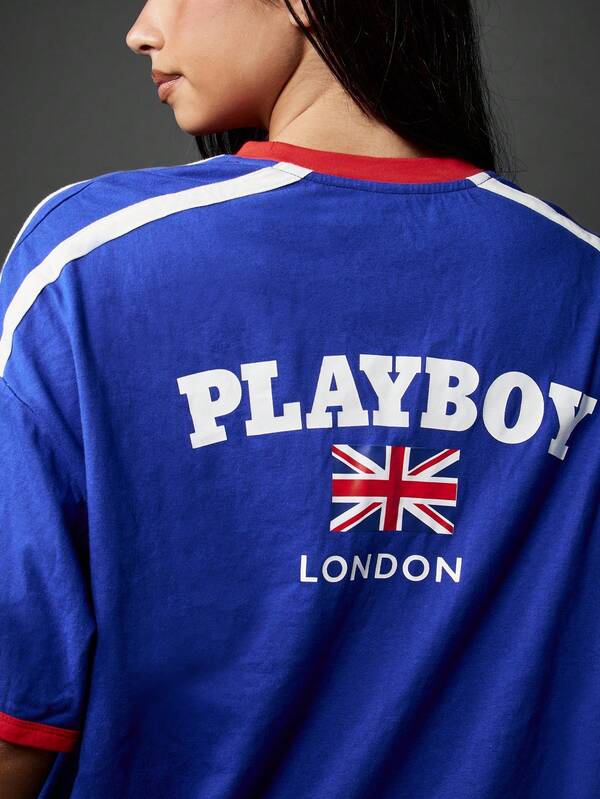 Missguided X Playboy Varsity Athletic Union Jack Flag London Collection Short Sleeve Relaxed Fit Women T-Shirt
