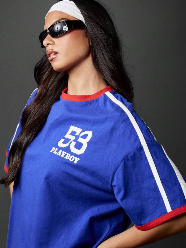 Missguided X Playboy Varsity Athletic Union Jack Flag London Collection Short Sleeve Relaxed Fit Women T-Shirt
