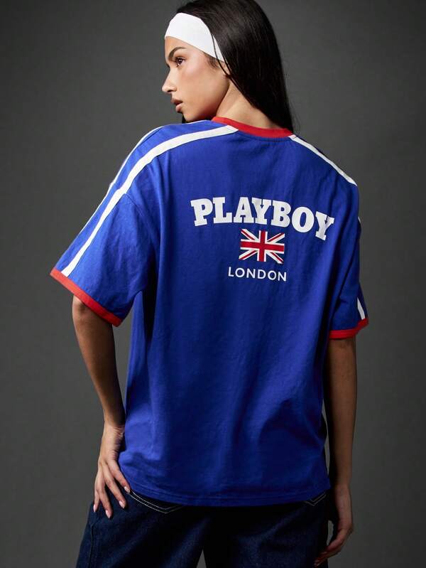 Missguided x Playboy Varsity Athletic Union Jack Flag London Collection Short Sleeve Relaxed Fit Women T-Shirt