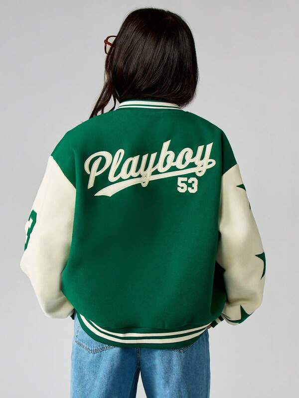 Missguided X Playboy Varsity Bomber Jacket With Contrasting Sleeves And Ribbed Trim