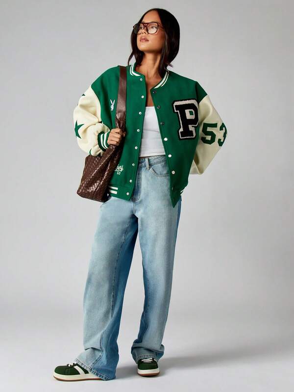Missguided X Playboy Varsity Bomber Jacket With Contrasting Sleeves And Ribbed Trim