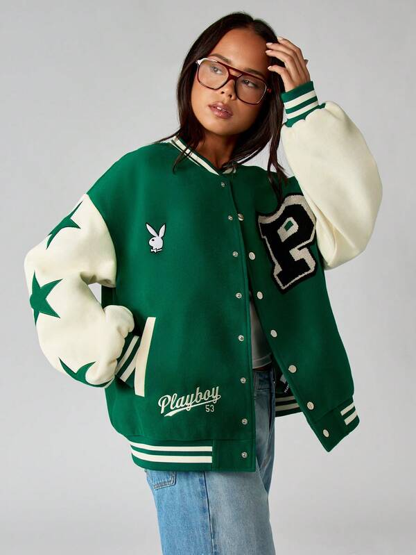 Missguided x Playboy Varsity Bomber Jacket With Contrasting Sleeves And Ribbed Trim