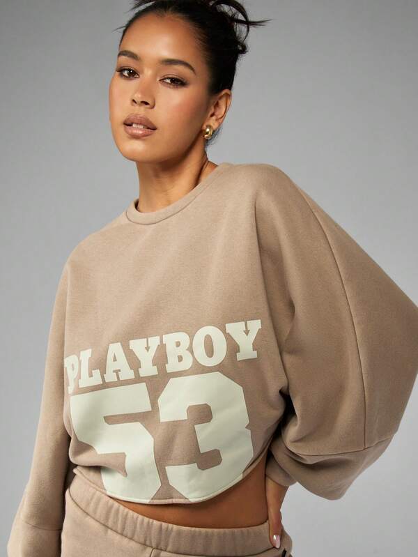 Missguided X Playboy Varsity Crop Sweatshirt With Oversized Sleeves