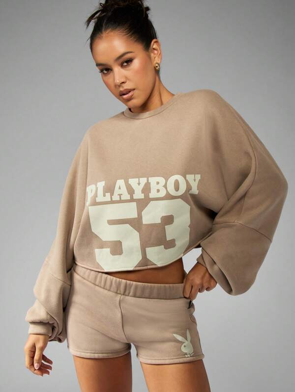 Missguided x Playboy Varsity Crop Sweatshirt With Oversized Sleeves