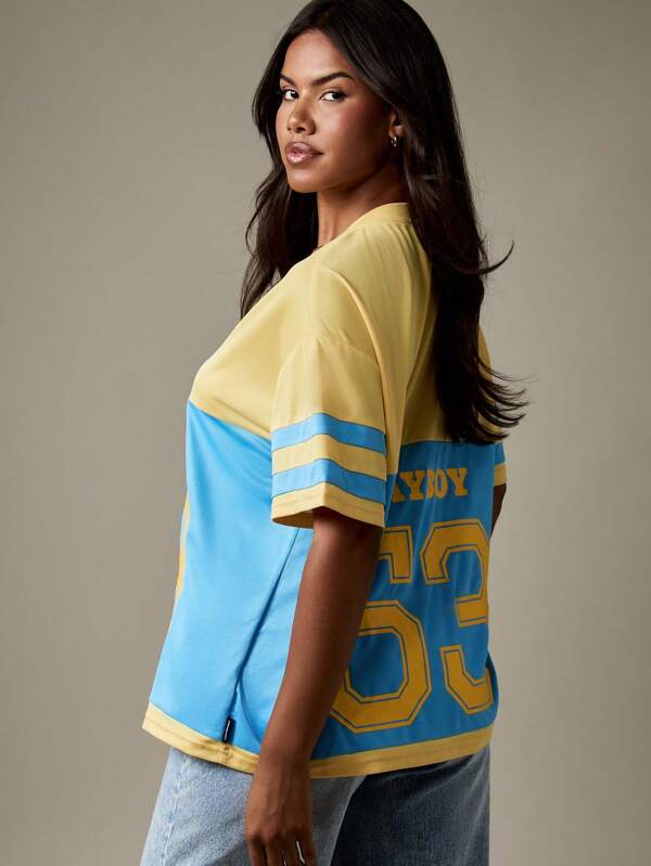 Missguided X Playboy Varsity Football Jersey V Neck T Shirt With Team Number