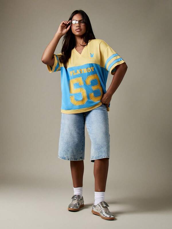 Missguided X Playboy Varsity Football Jersey V Neck T Shirt With Team Number