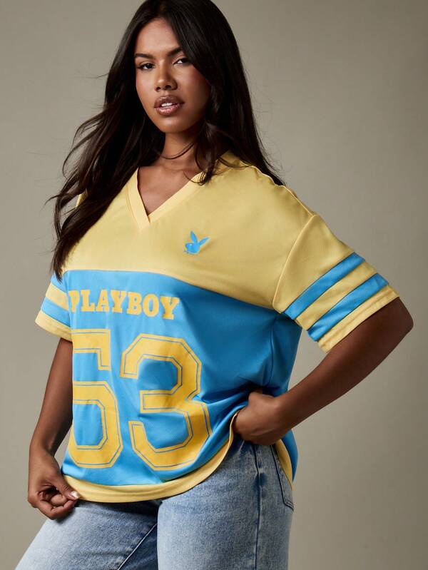 Missguided X Playboy Varsity Football Jersey V Neck T Shirt With Team Number