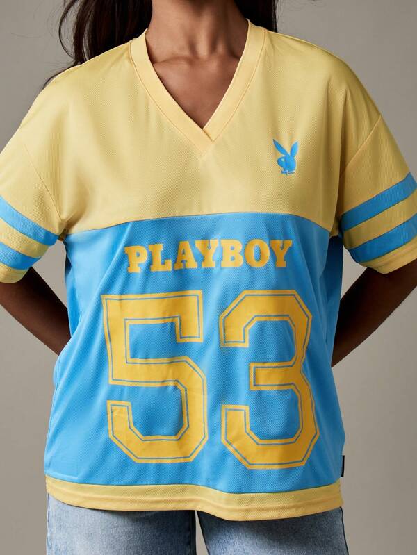 Missguided x Playboy Varsity Football Jersey V Neck T Shirt With Team Number