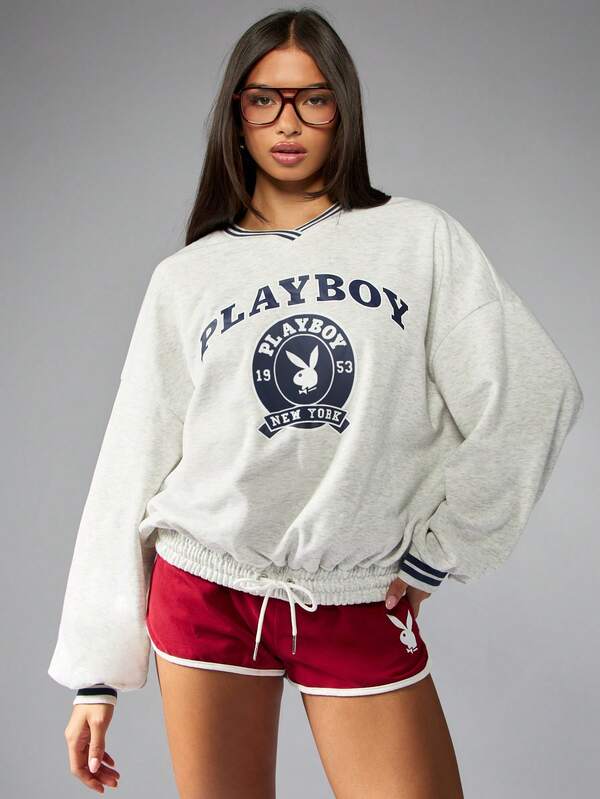Missguided x Playboy Varsity Graphic Crew Neck Sweatshirt With Elastic Hem