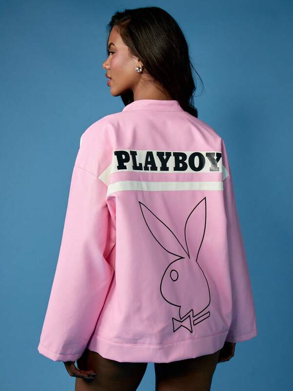 Missguided X Playboy Varsity Inspired Streetwear Fashion Bomber Jacket With Stripes
