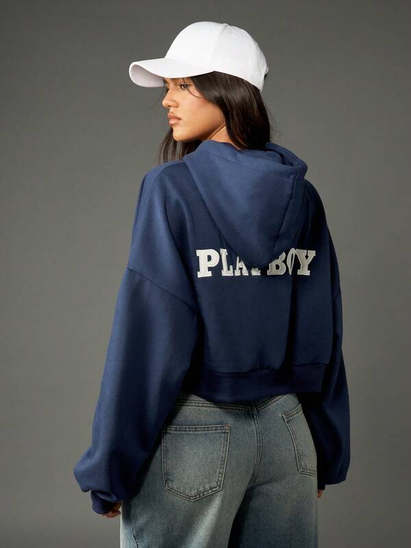 Missguided X Playboy Varsity Letter Zip Up Cropped Hoodie With Applique