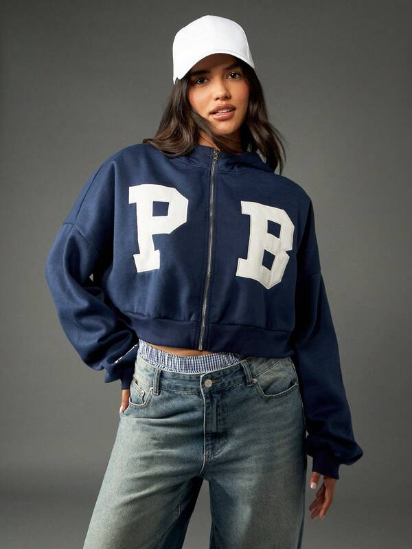 Missguided X Playboy Varsity Letter Zip Up Cropped Hoodie With Applique