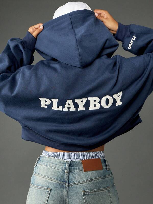 Missguided x Playboy Varsity Letter Zip Up Cropped Hoodie With Applique