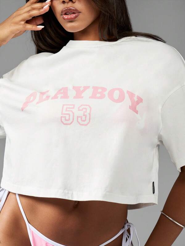 Missguided X Playboy Varsity Style Cropped Graphic Print T-Shirt