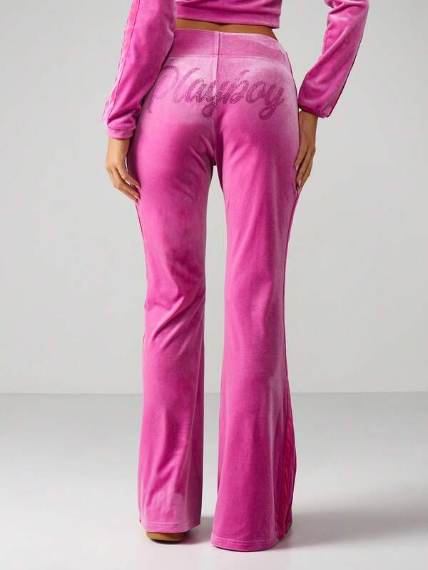 Missguided x Playboy Velour Fold Over Waistband Flare Pants