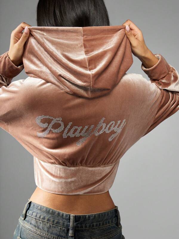 Missguided x Playboy Velour Track Top Cropped Zip-Up Jacket With Hood