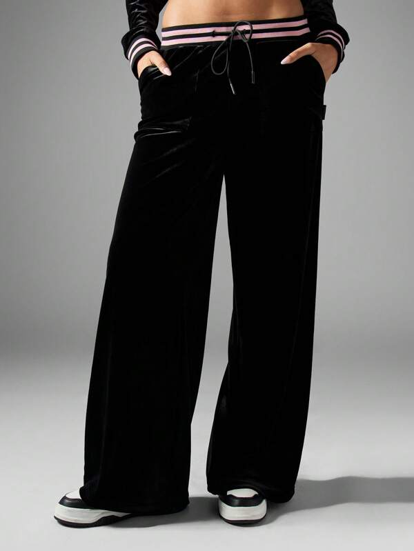 Missguided x Playboy Velour Wide Leg Drawstring Ribbed Waistband Sweatpants