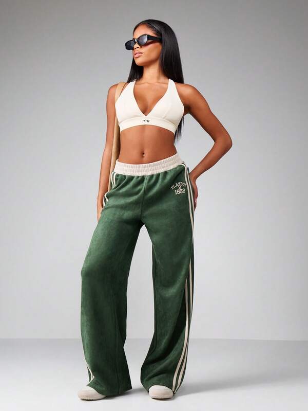 Missguided X Playboy Velour Wide Leg Pants With Side Stripes