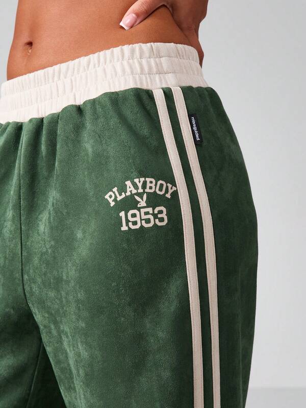 Missguided X Playboy Velour Wide Leg Pants With Side Stripes