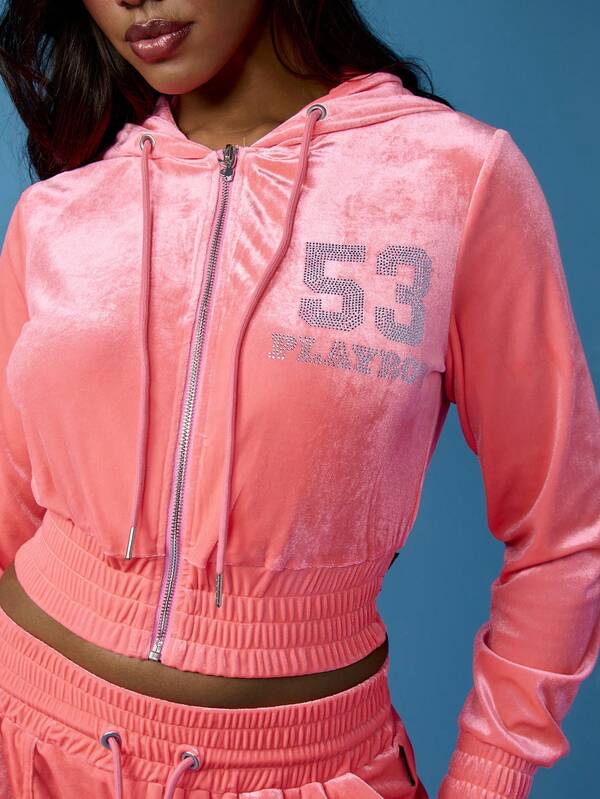 Missguided X Playboy Velvet Cropped Zip Up Hoodie Sweatshirt