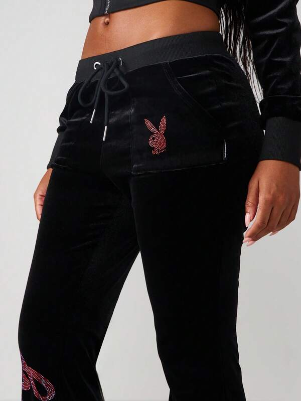 Missguided X Playboy Velvet Flare Joggers With Rhinestone Logo