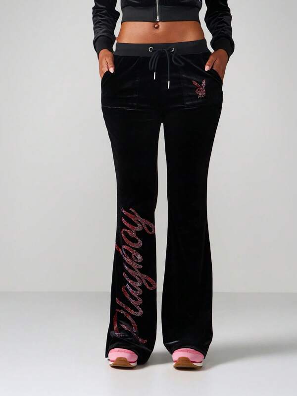 Missguided x Playboy Velvet Flare Joggers With Rhinestone Logo