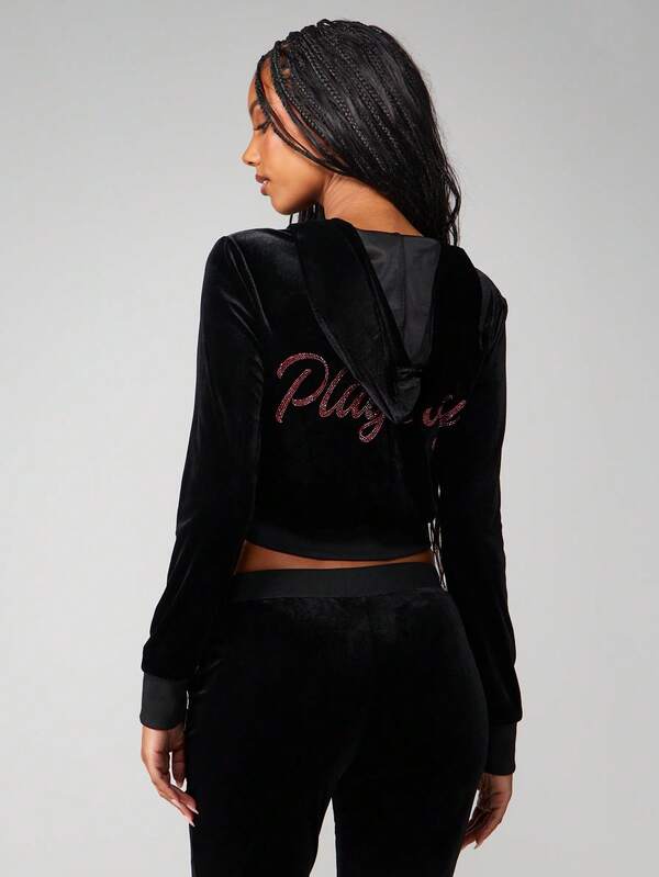 Missguided X Playboy Velvet Full-Zip Hoodie With Rhinestone Details