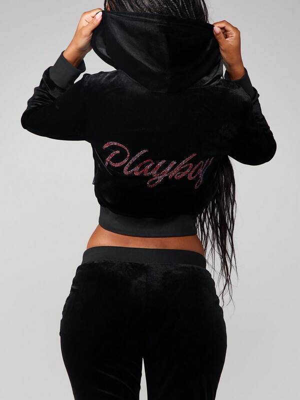 Missguided x Playboy Velvet Full-Zip Hoodie With Rhinestone Details