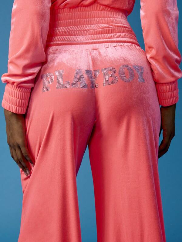 Missguided X Playboy Velvet Wide Leg Drawstring Rhinestone Logo Sweatpants