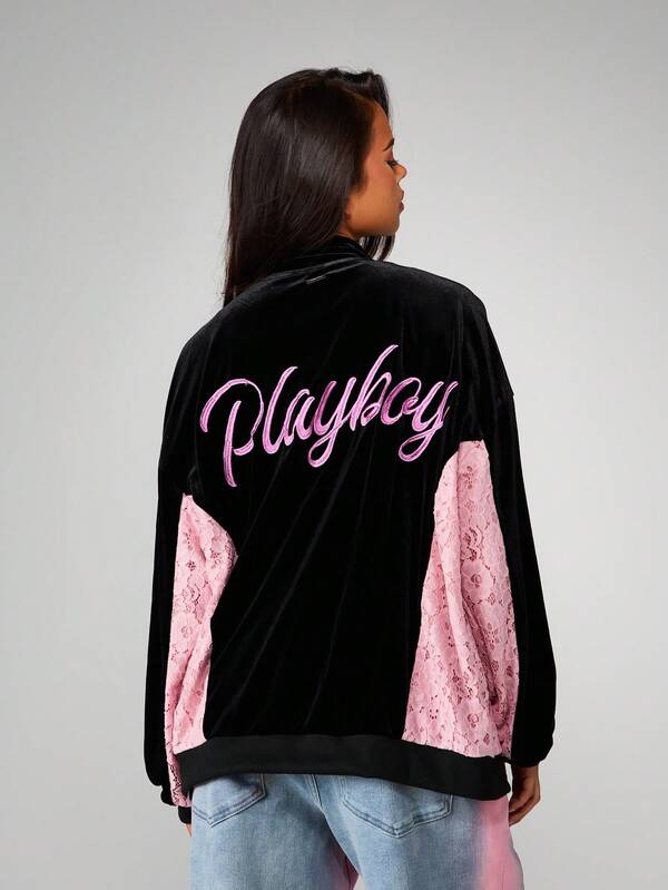 Missguided X Playboy Velvet Zip Sweatshirt With Lace Panels