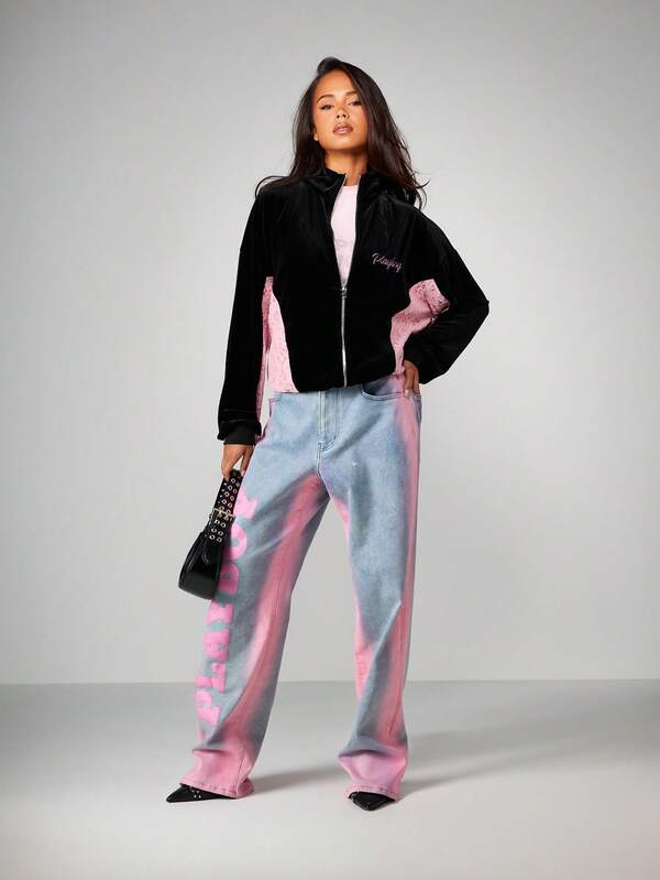 Missguided X Playboy Velvet Zip Sweatshirt With Lace Panels