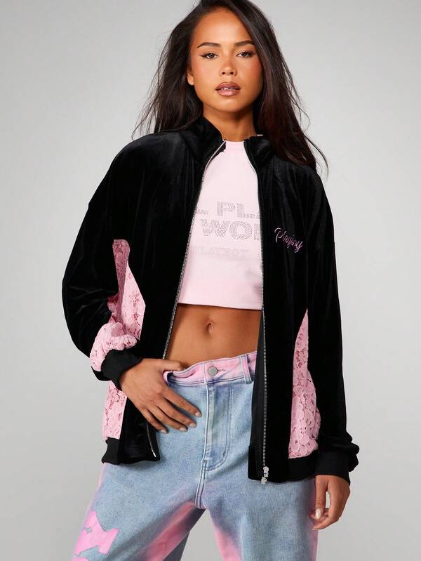 Missguided X Playboy Velvet Zip Sweatshirt With Lace Panels