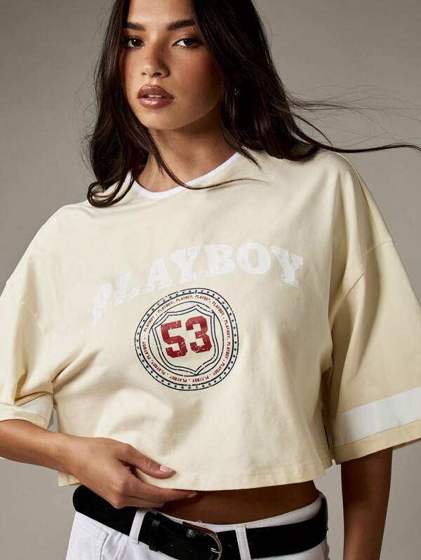 Missguided x Playboy Vintage Style Varsity Crop T-Shirt