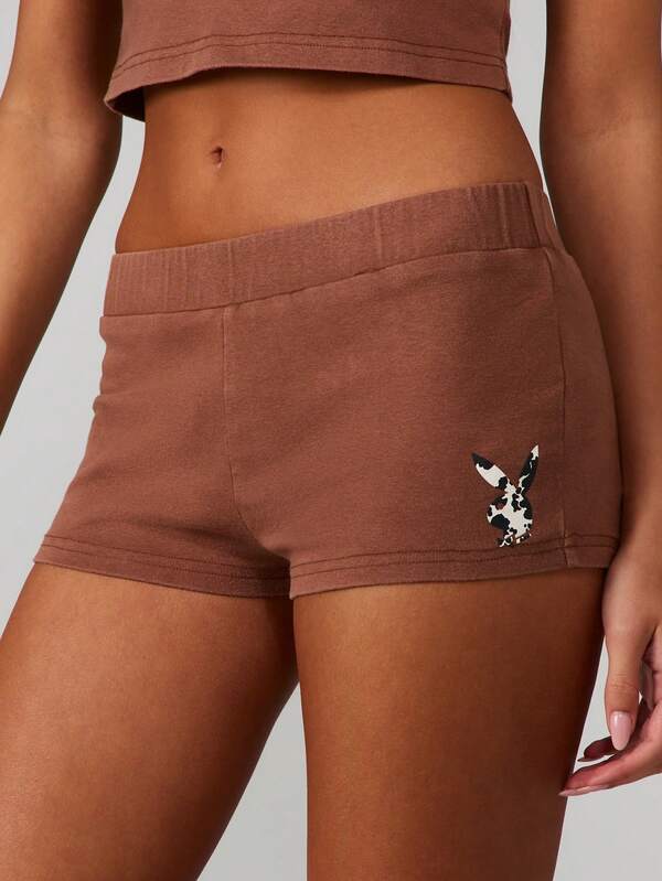 Missguided X Playboy Washed Brown Booty Shorts With Print