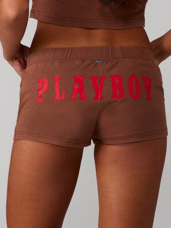 Missguided x Playboy Washed Brown Booty Shorts With Print