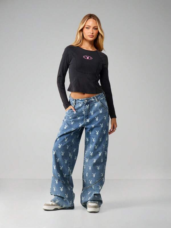 Missguided X Playboy Washed Long Sleeve Fitted Top With Pink Logo