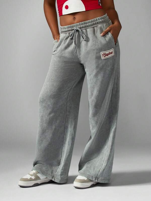 Missguided X Playboy Washed Wide Leg Joggers With Drawstring