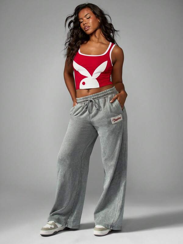 Missguided X Playboy Washed Wide Leg Joggers With Drawstring