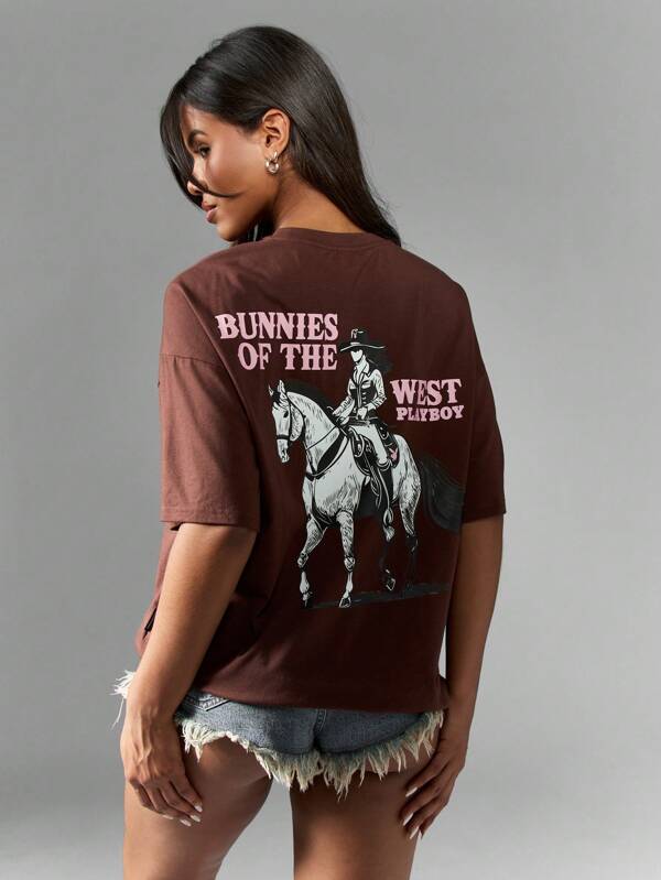 Missguided x Playboy Western Graphic Cotton Oversized Short Sleeve T-Shirt