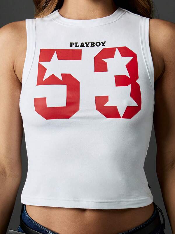 Missguided X Playboy White Athletic Cropped Tank Top With Varsity Number Print