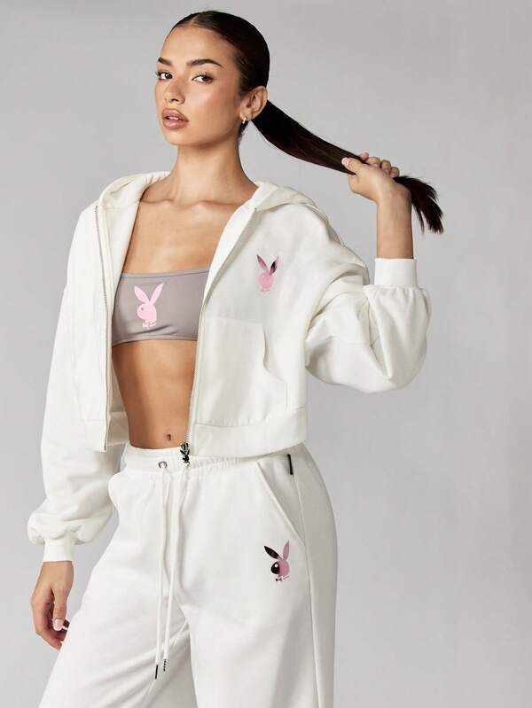 Missguided X Playboy White Cropped Hoodie With Branded Text