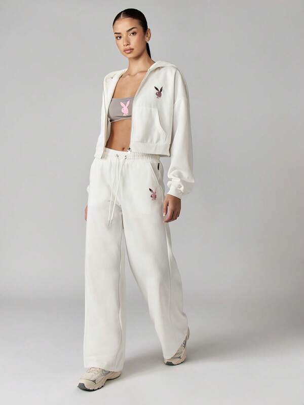 Missguided X Playboy White Cropped Hoodie With Branded Text