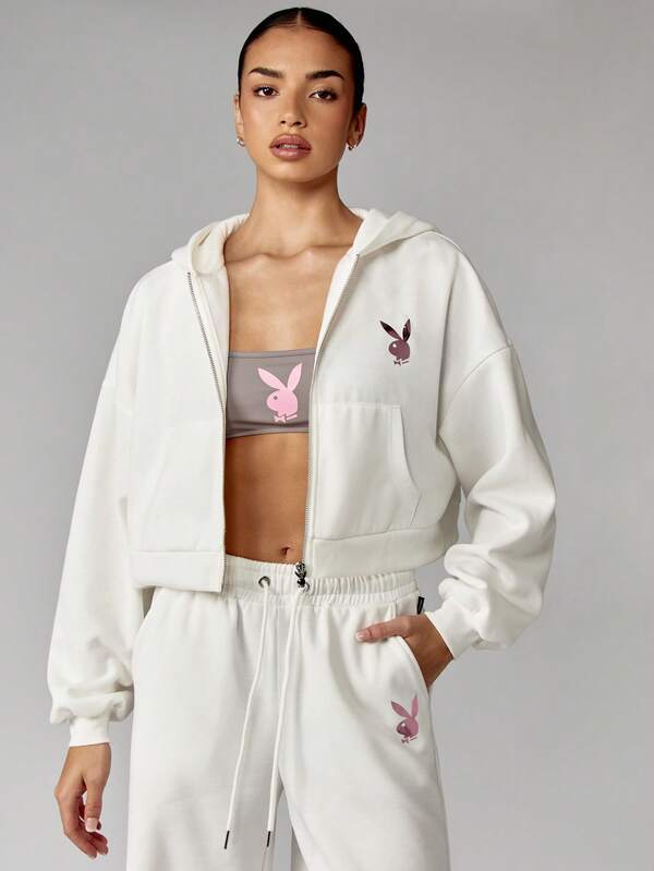 Missguided X Playboy White Cropped Hoodie With Branded Text