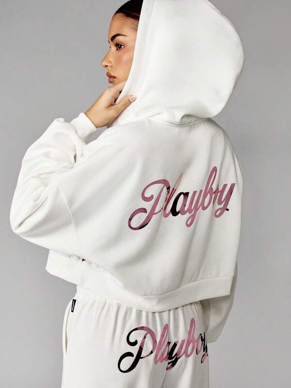 Missguided x Playboy White Cropped Hoodie With Branded Text