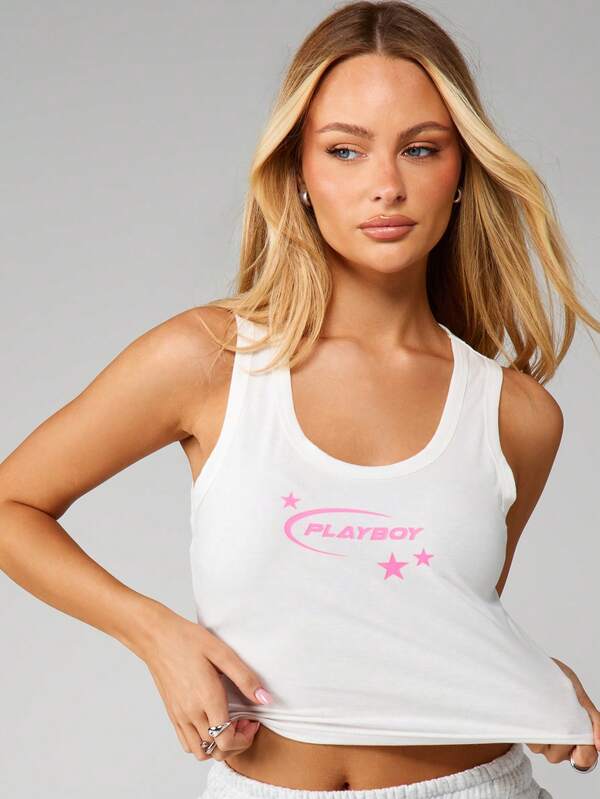 Missguided x Playboy White Ribbed Crop Tank Top With Pink Logo