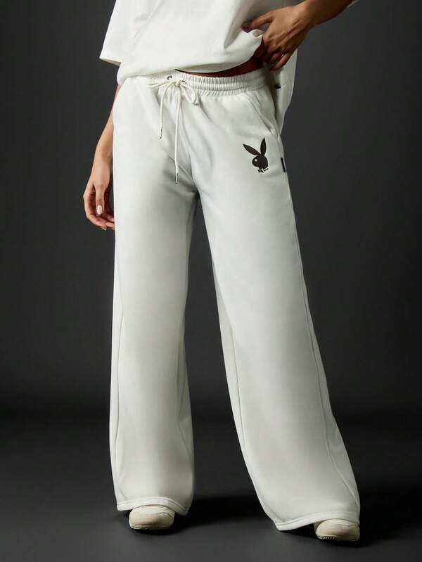 Missguided X Playboy White Wide Leg Joggers With Logo