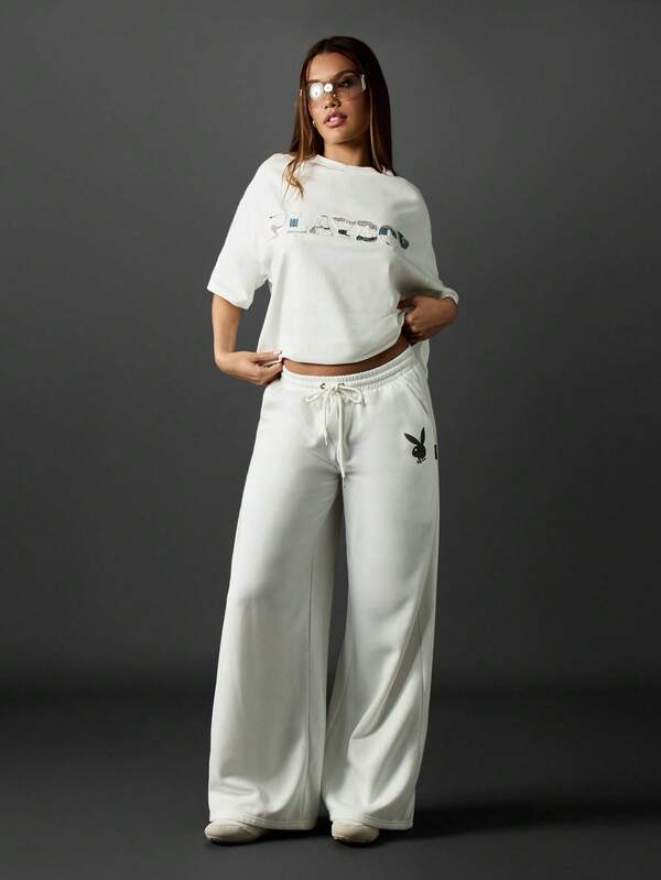 Missguided X Playboy White Wide Leg Joggers With Logo